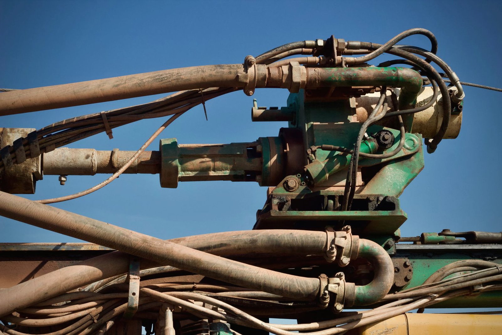 Hydraulic hose runs across the frame of an implement against a blue sky